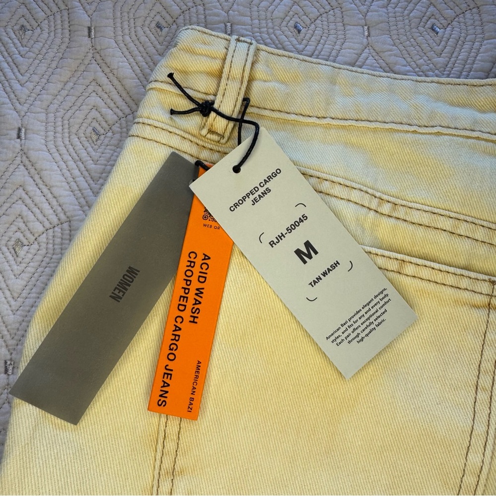 New American Bazi CROPPED CARGO JEANS In TAN WASH Yellow Wide Leg Women’s Size M - Picture 10 of 11